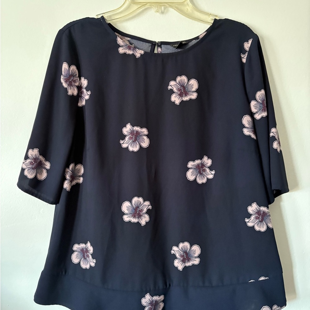 Ann Taylor Navy Blouse with Pink Floral Design